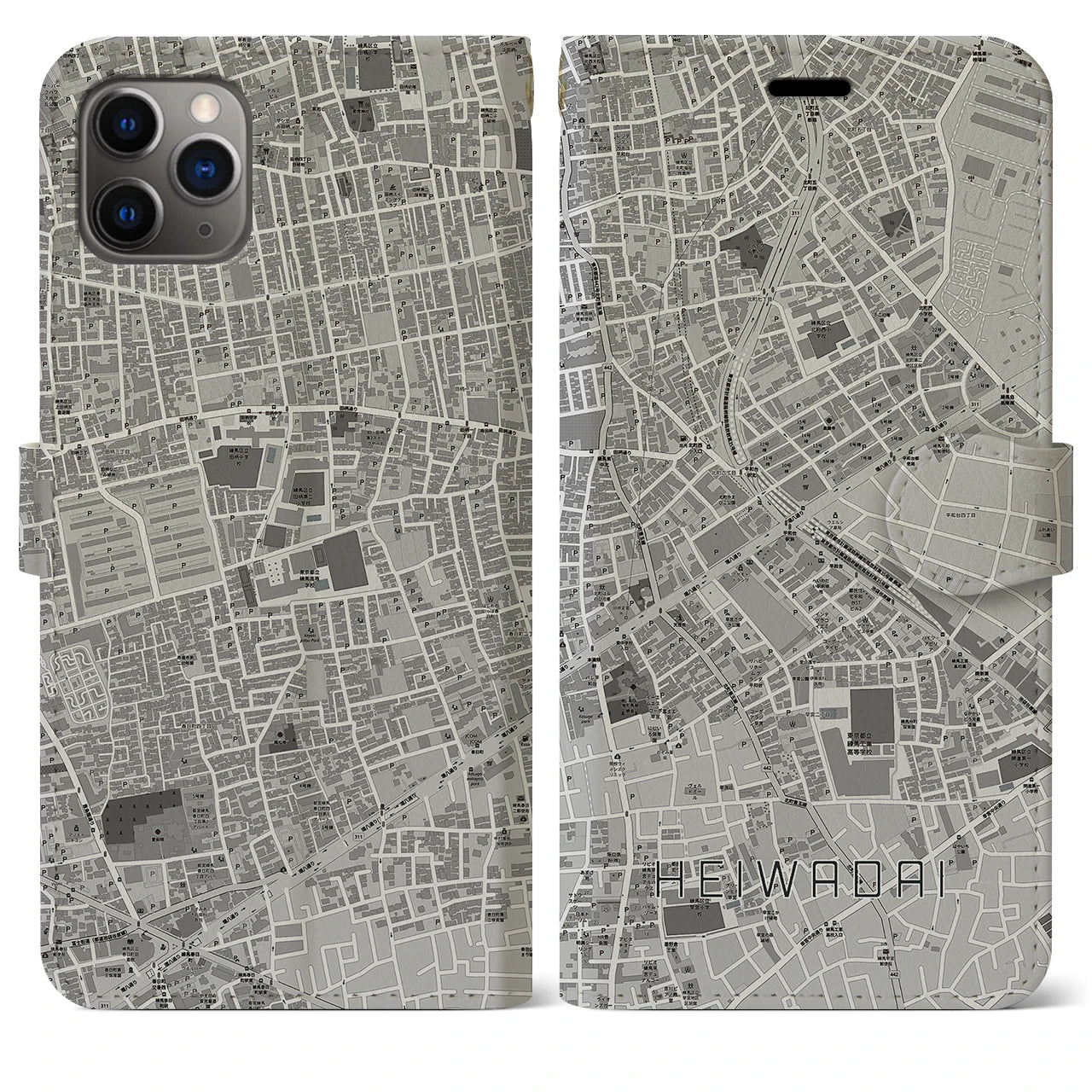 【平和台】地図柄iPhoneケース（手帳両面タイプ・モノトーン）iPhone 11 Pro Max 用
