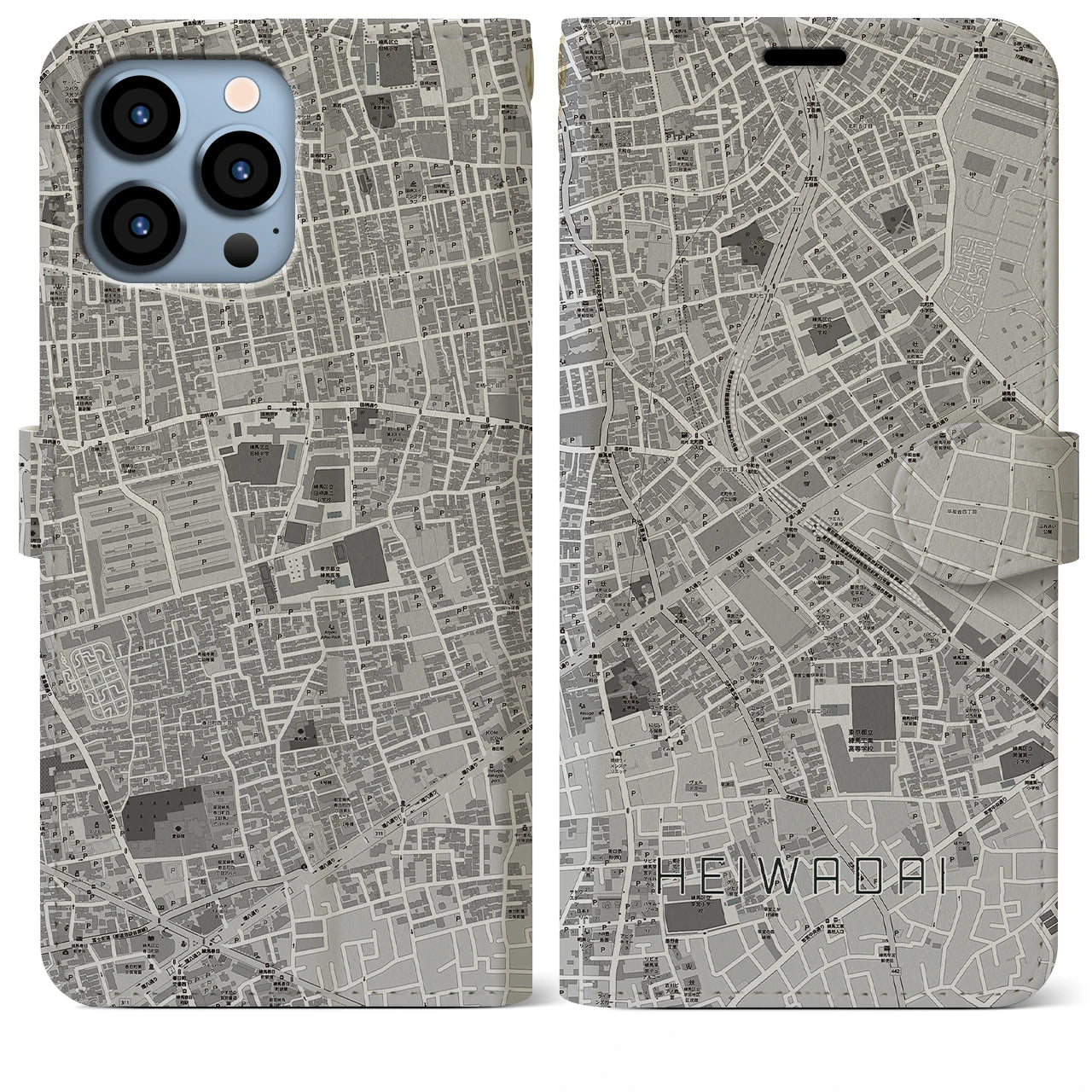 【平和台】地図柄iPhoneケース（手帳両面タイプ・モノトーン）iPhone 13 Pro Max 用