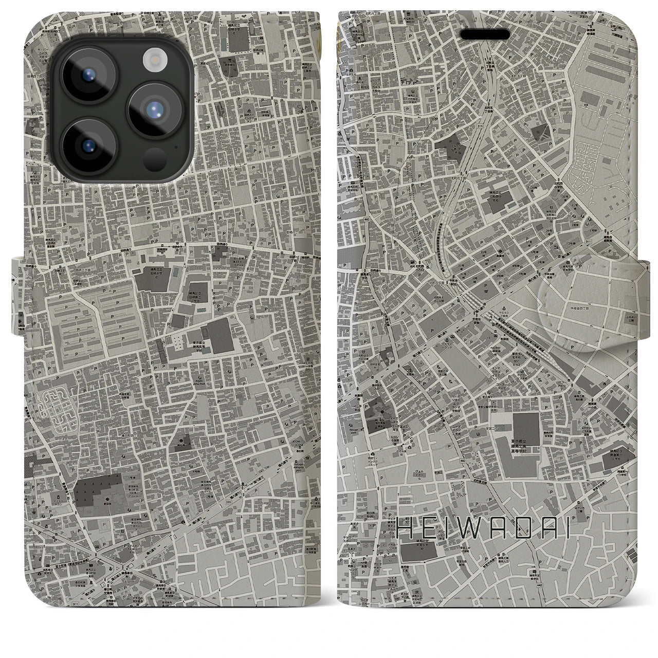 【平和台】地図柄iPhoneケース（手帳両面タイプ・モノトーン）iPhone 15 Pro Max 用