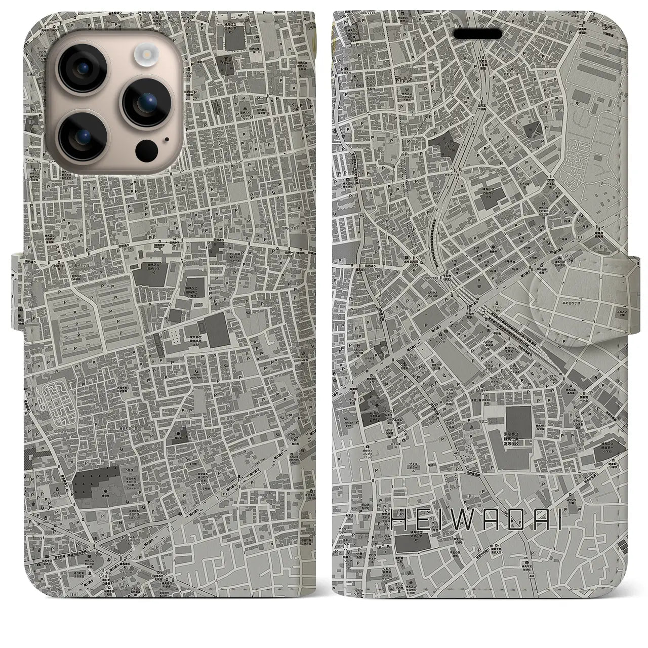 【平和台（東京都）】地図柄iPhoneケース（手帳タイプ）モノトーン・iPhone 16 Plus 用