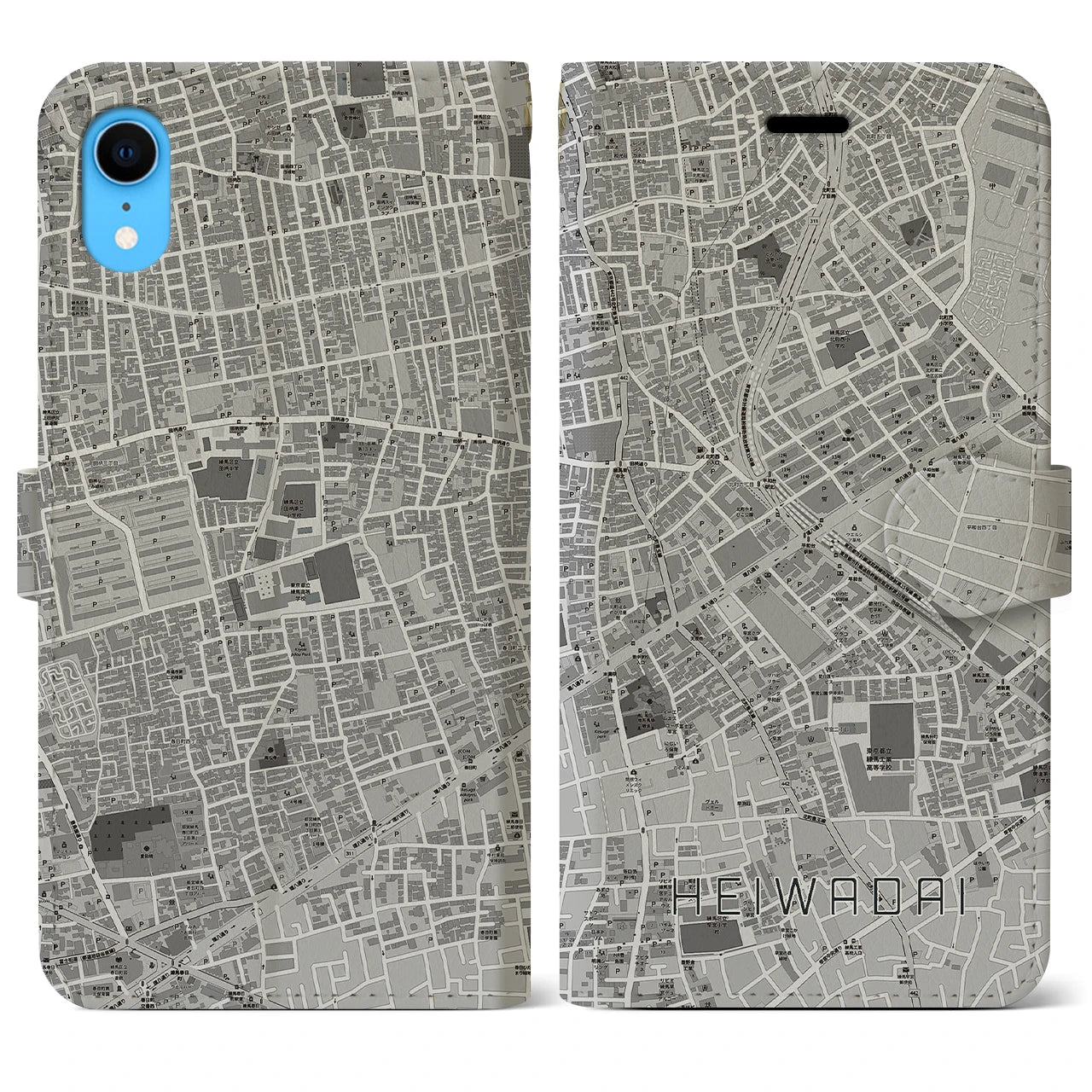 【平和台】地図柄iPhoneケース（手帳両面タイプ・モノトーン）iPhone XR 用