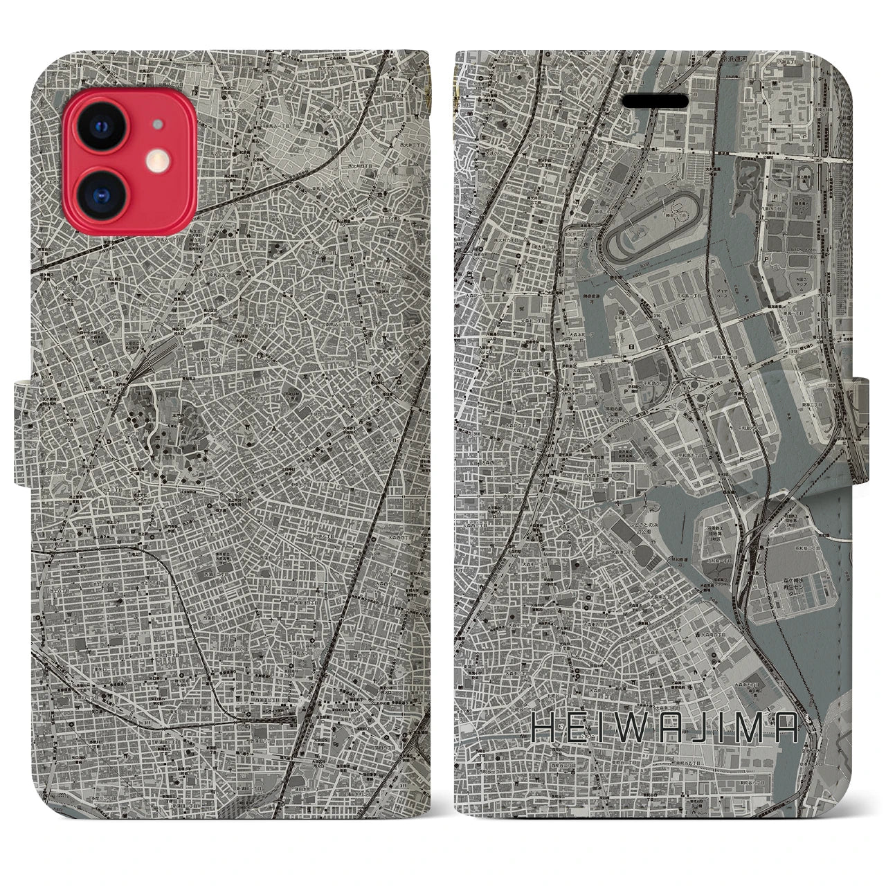 【平和島】地図柄iPhoneケース（手帳両面タイプ・モノトーン）iPhone 11 用