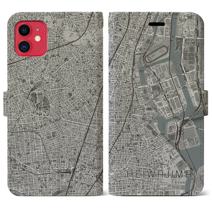 【平和島（東京都）】地図柄iPhoneケース（手帳タイプ）モノトーン・iPhone 11 用
