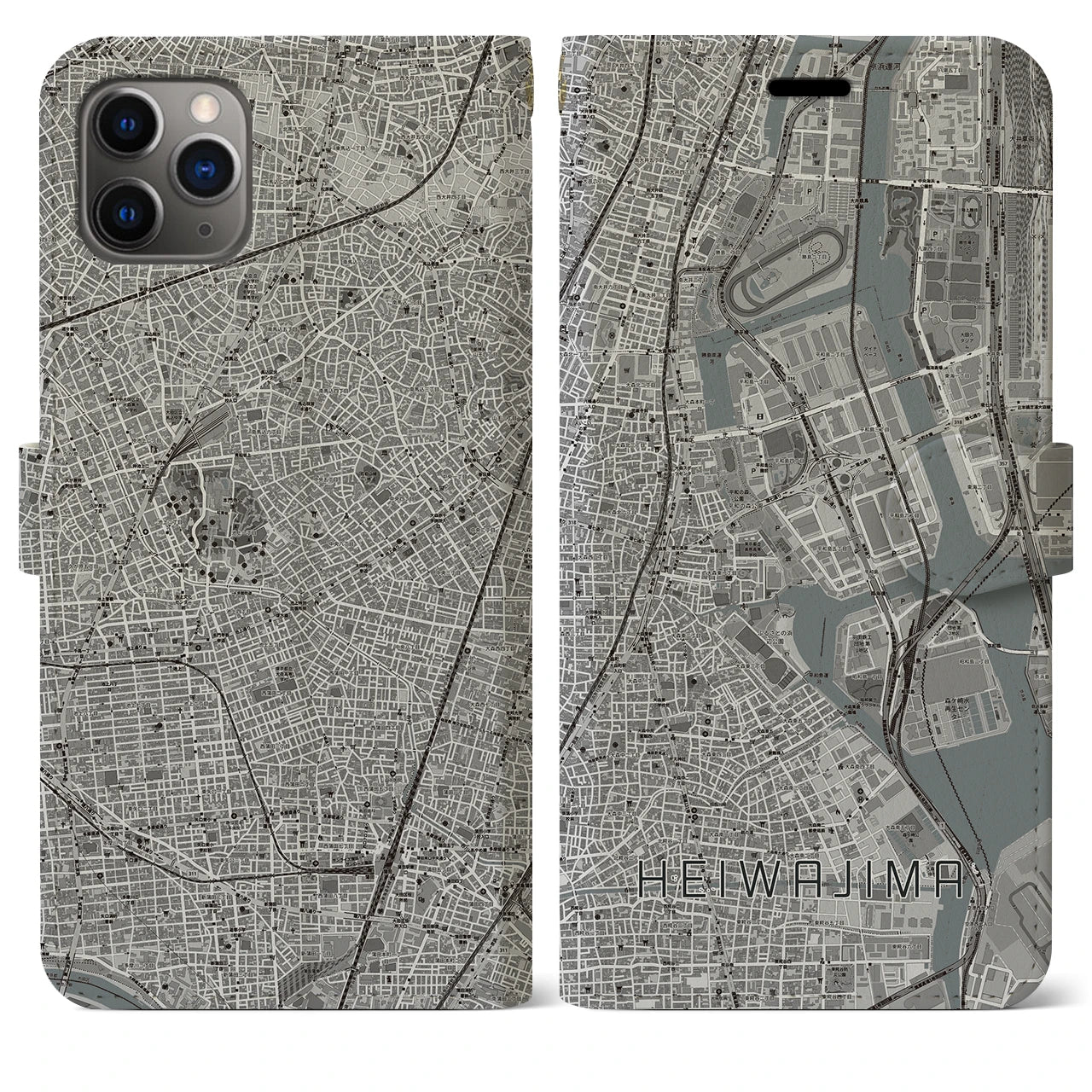 【平和島】地図柄iPhoneケース（手帳両面タイプ・モノトーン）iPhone 11 Pro Max 用