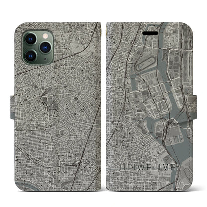 【平和島（東京都）】地図柄iPhoneケース（手帳タイプ）モノトーン・iPhone 11 Pro 用
