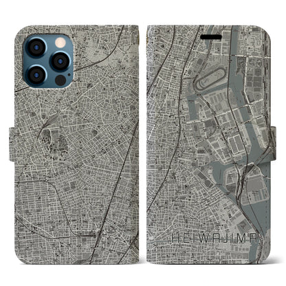 【平和島（東京都）】地図柄iPhoneケース（手帳タイプ）モノトーン・iPhone 12 / 12 Pro 用