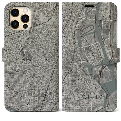【平和島（東京都）】地図柄iPhoneケース（手帳タイプ）モノトーン・iPhone 12 Pro Max 用