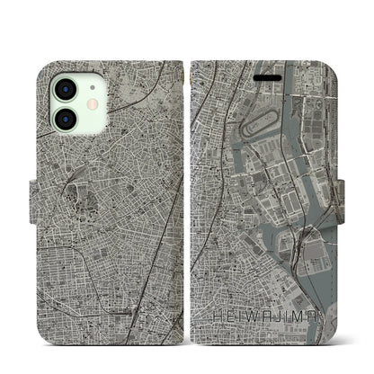 【平和島（東京都）】地図柄iPhoneケース（手帳タイプ）モノトーン・iPhone 12 mini 用