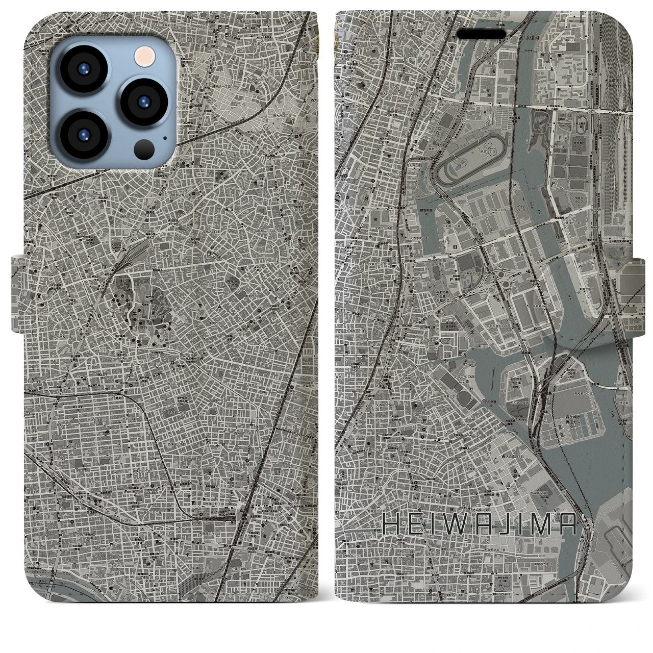 【平和島】地図柄iPhoneケース（手帳両面タイプ・モノトーン）iPhone 13 Pro Max 用