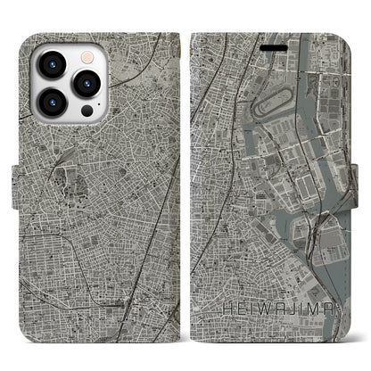 【平和島（東京都）】地図柄iPhoneケース（手帳タイプ）モノトーン・iPhone 13 Pro 用