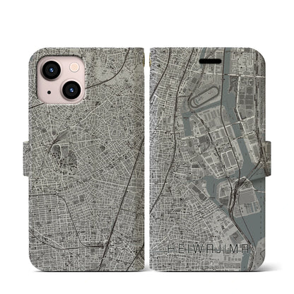 【平和島（東京都）】地図柄iPhoneケース（手帳タイプ）モノトーン・iPhone 13 mini 用