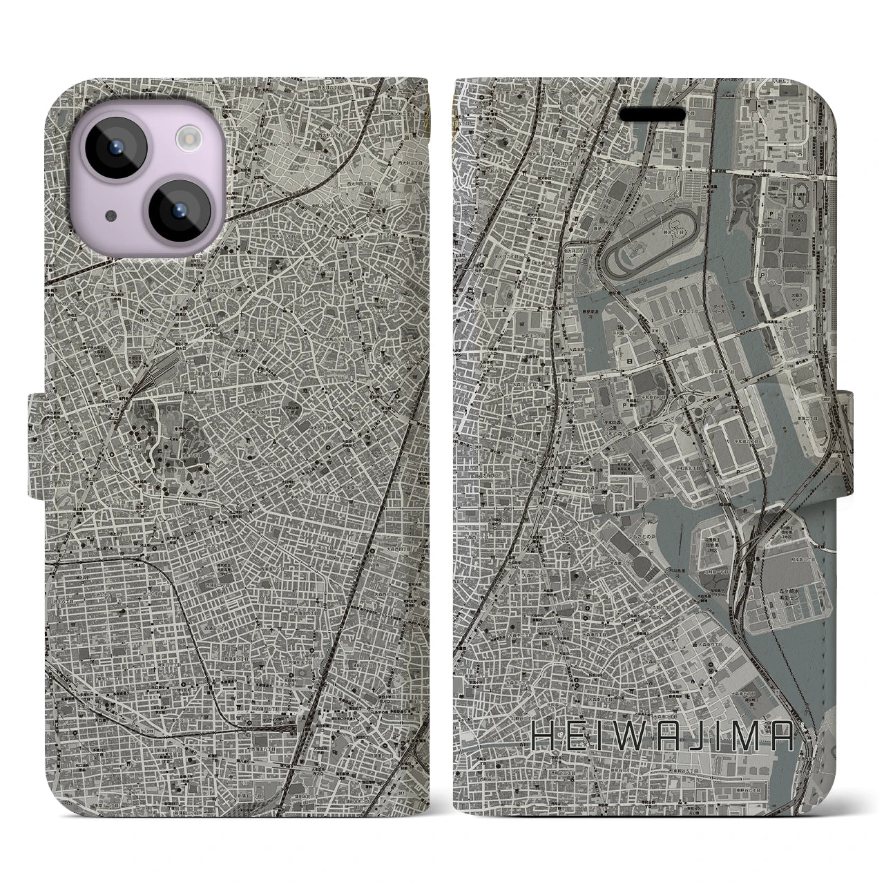 【平和島】地図柄iPhoneケース（手帳両面タイプ・モノトーン）iPhone 14 用
