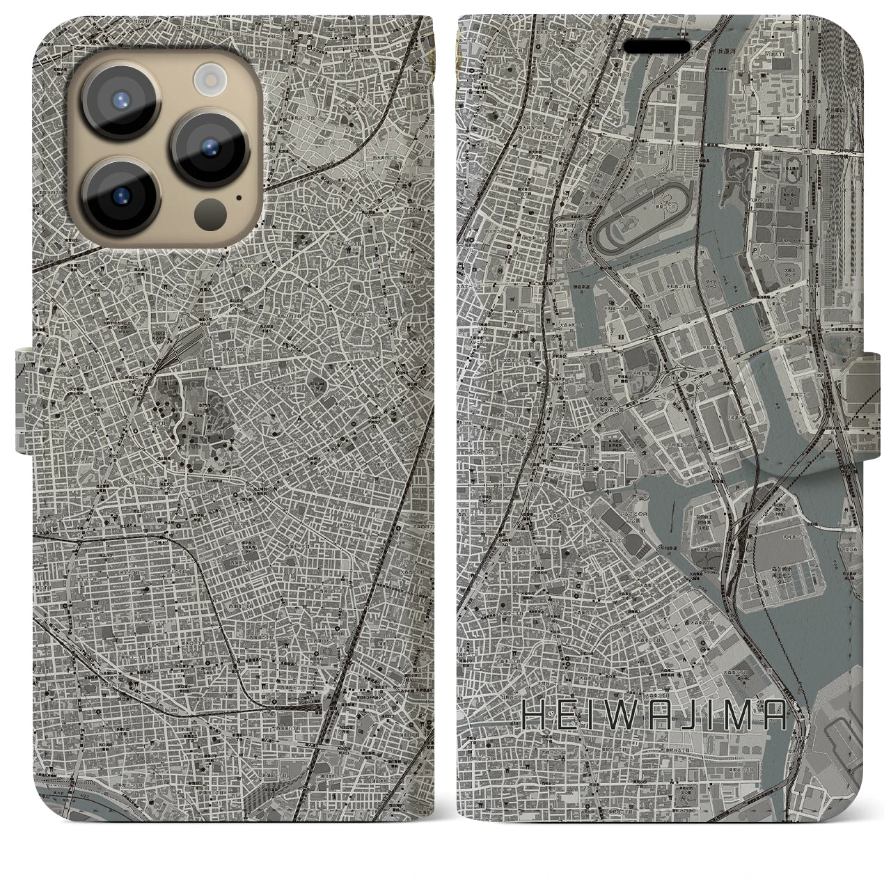 【平和島】地図柄iPhoneケース（手帳両面タイプ・モノトーン）iPhone 14 Pro Max 用