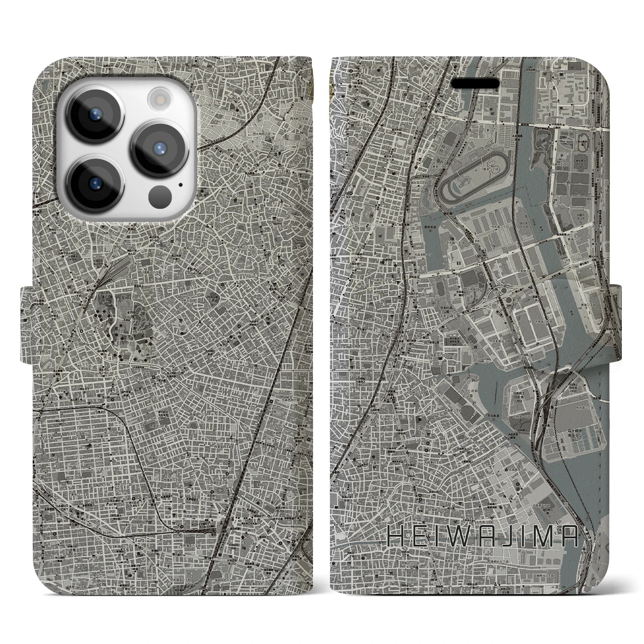 【平和島】地図柄iPhoneケース（手帳両面タイプ・モノトーン）iPhone 14 Pro 用