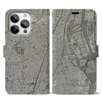 【平和島（東京都）】地図柄iPhoneケース（手帳タイプ）モノトーン・iPhone 14 Pro 用