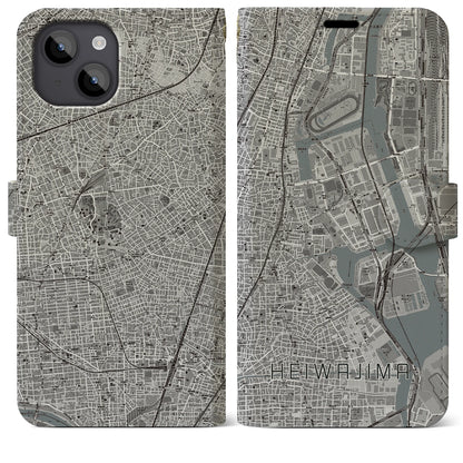 【平和島（東京都）】地図柄iPhoneケース（手帳タイプ）モノトーン・iPhone 14 Plus 用