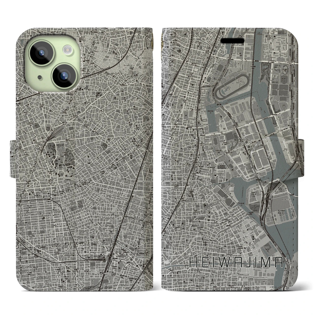 【平和島】地図柄iPhoneケース（手帳両面タイプ・モノトーン）iPhone 15 用