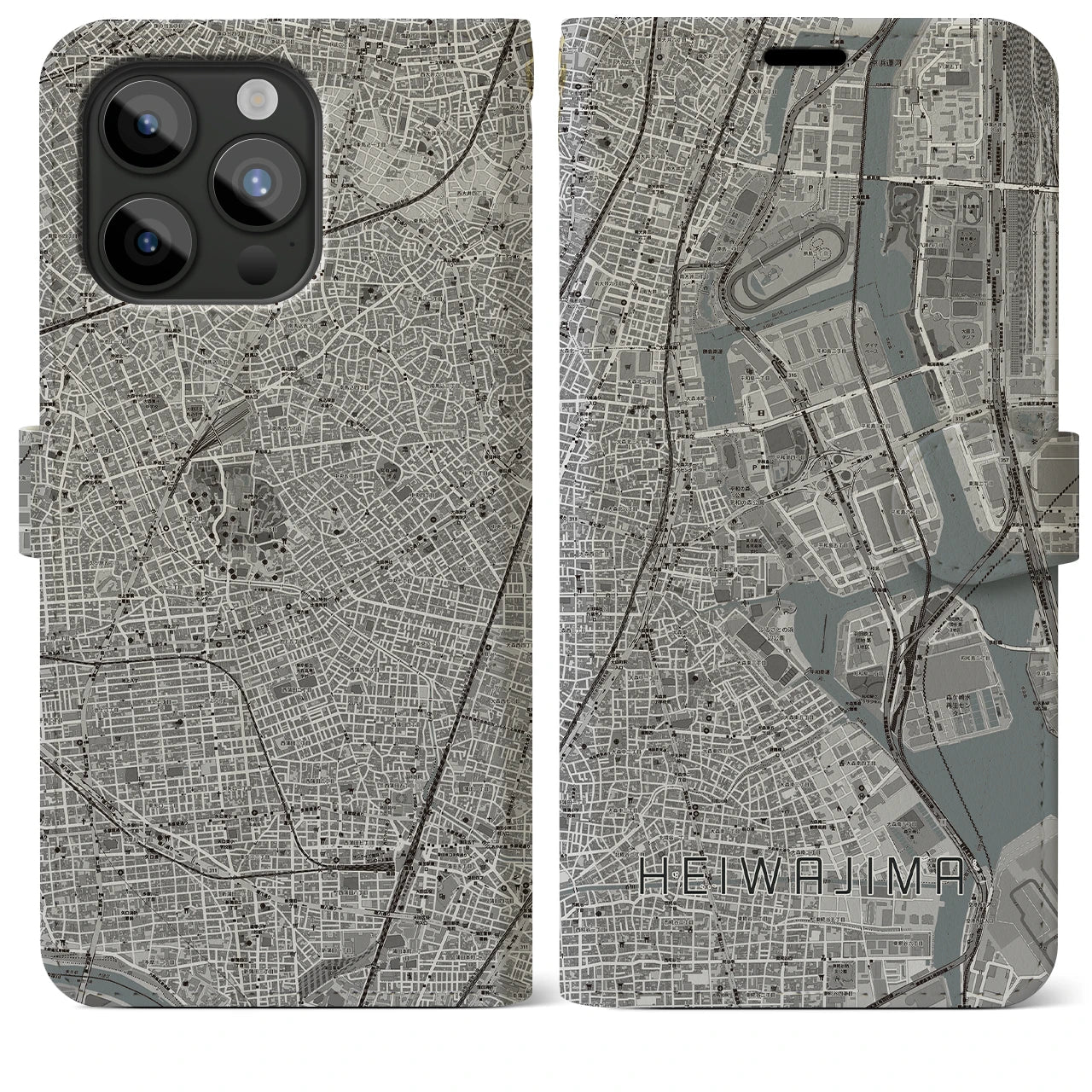 【平和島】地図柄iPhoneケース（手帳両面タイプ・モノトーン）iPhone 15 Pro Max 用