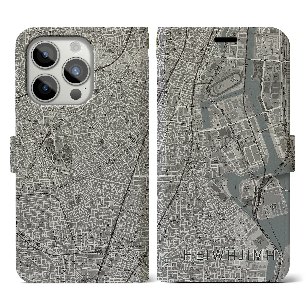 【平和島】地図柄iPhoneケース（手帳両面タイプ・モノトーン）iPhone 15 Pro 用
