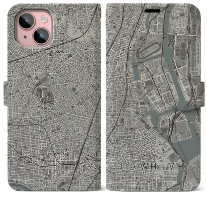 【平和島（東京都）】地図柄iPhoneケース（手帳タイプ）モノトーン・iPhone 15 Plus 用