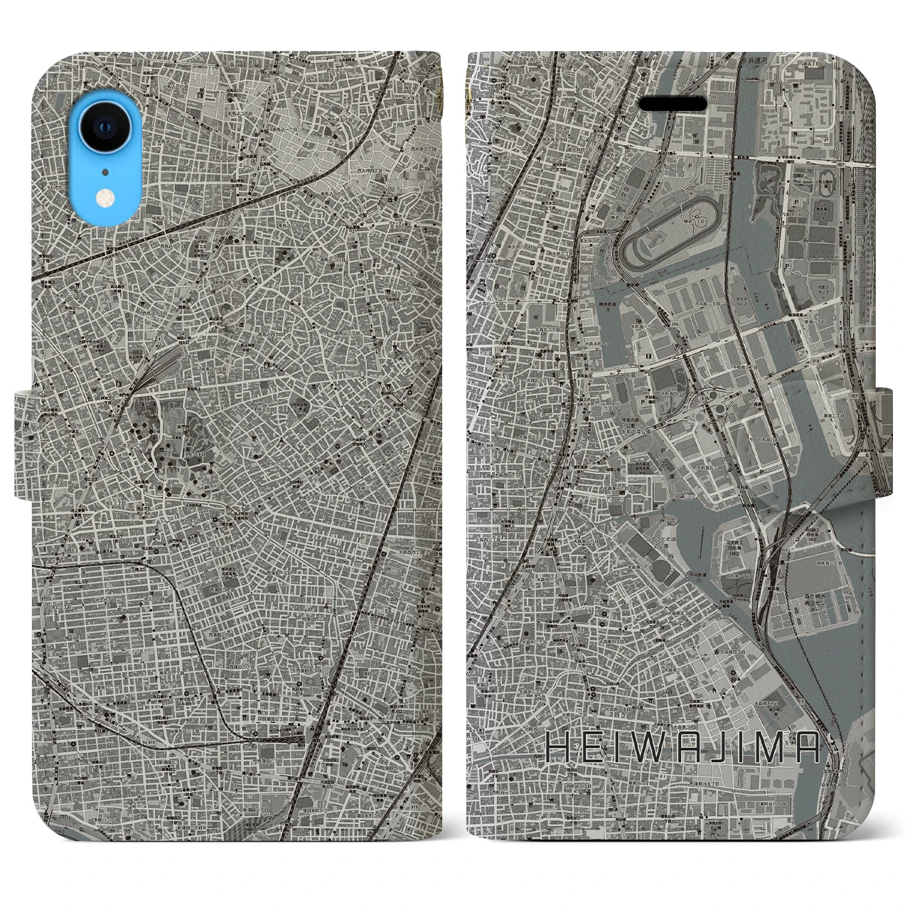 【平和島】地図柄iPhoneケース（手帳両面タイプ・モノトーン）iPhone XR 用