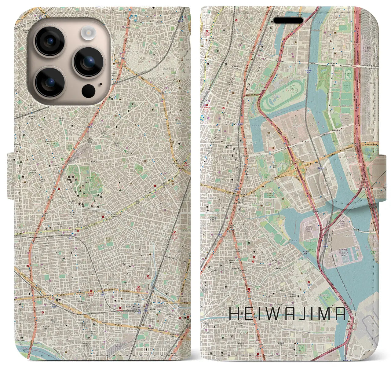 【平和島（東京都）】地図柄iPhoneケース（手帳タイプ）ナチュラル・iPhone 16 Plus 用