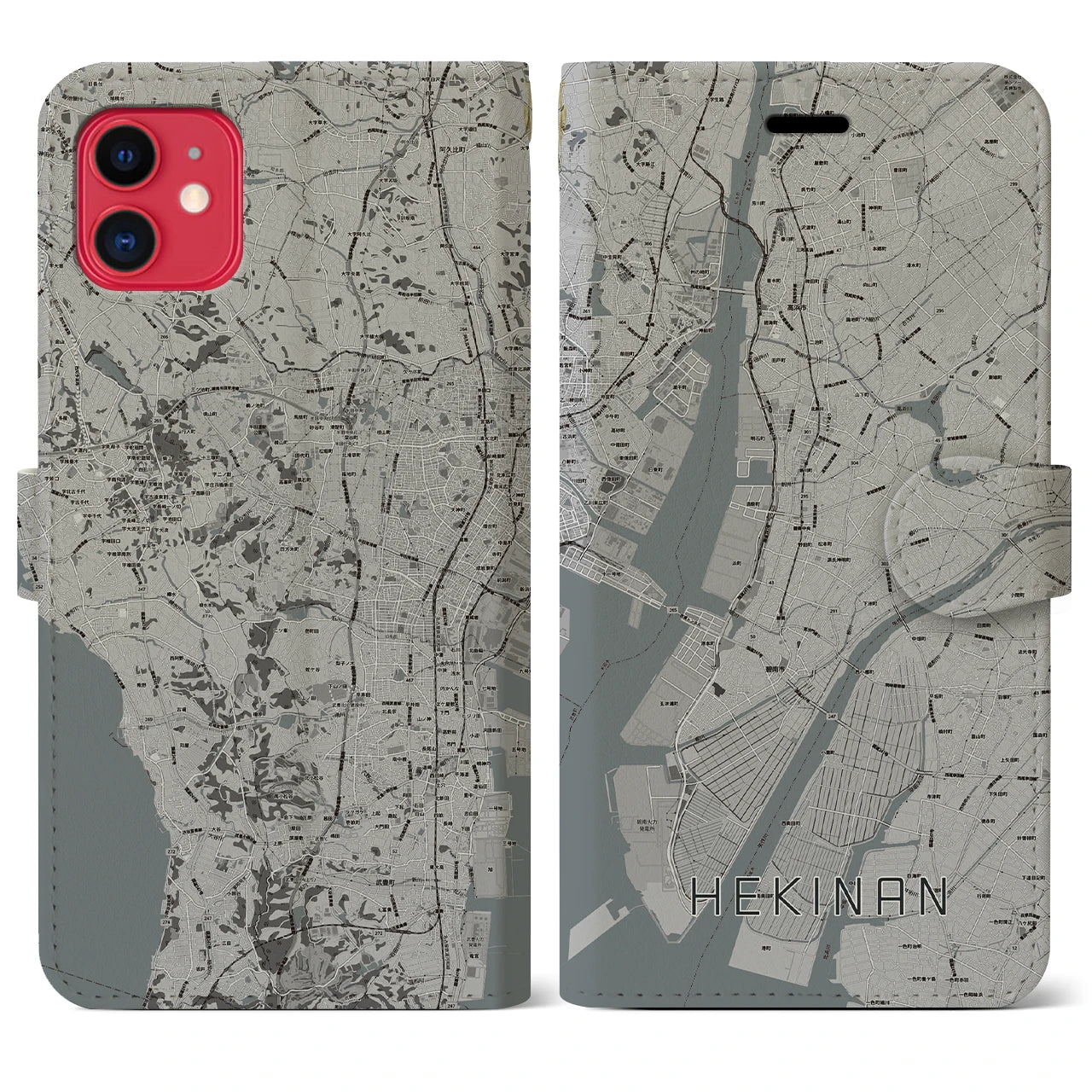 【碧南】地図柄iPhoneケース（手帳両面タイプ・モノトーン）iPhone 11 用