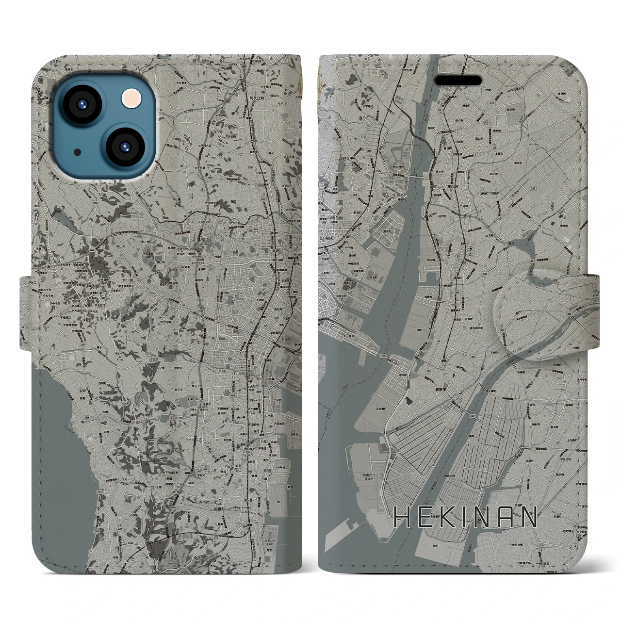 【碧南】地図柄iPhoneケース（手帳両面タイプ・モノトーン）iPhone 13 用