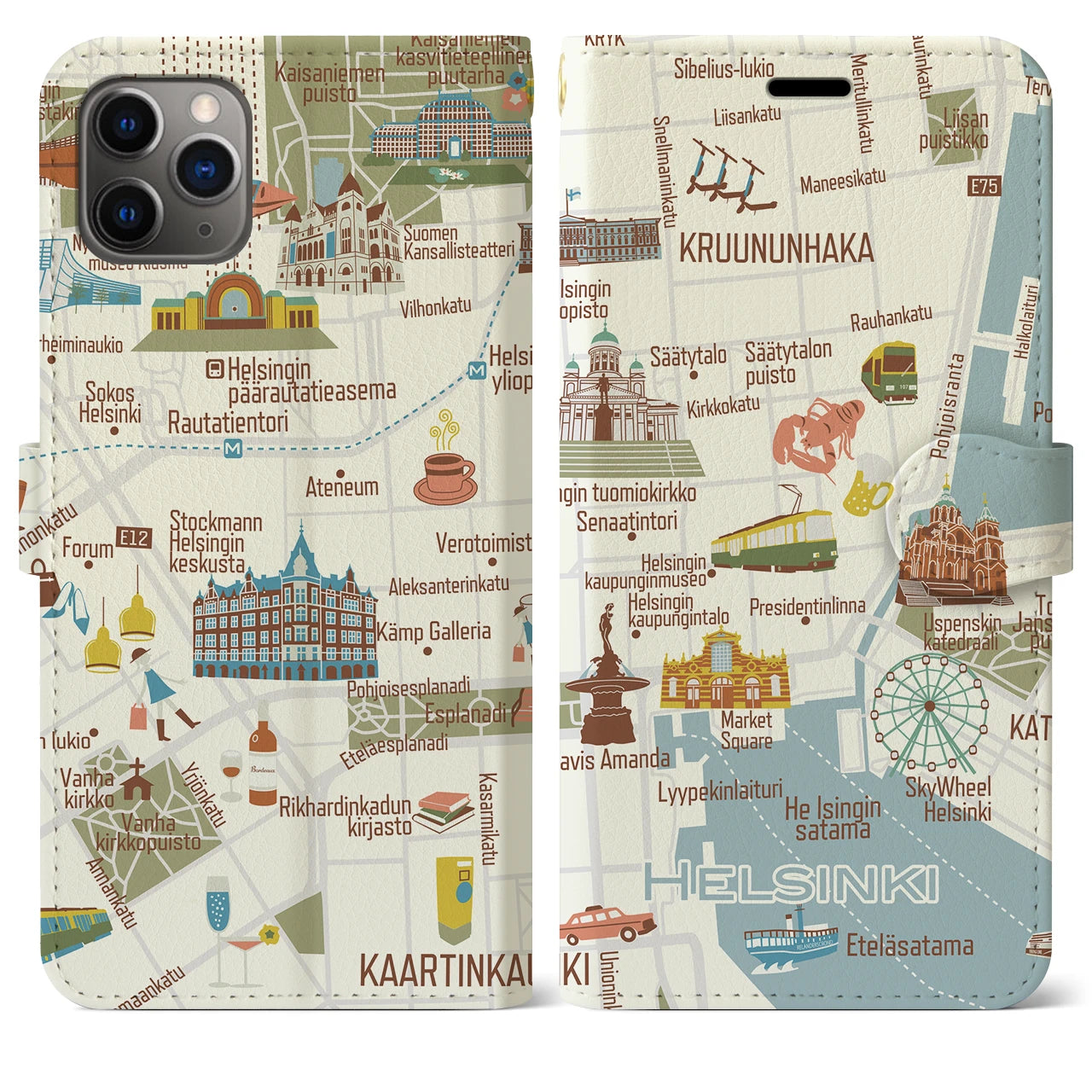 【ヘルシンキ（イラスト）】地図柄iPhoneケース（手帳両面タイプ・ブライト）iPhone 11 Pro Max 用