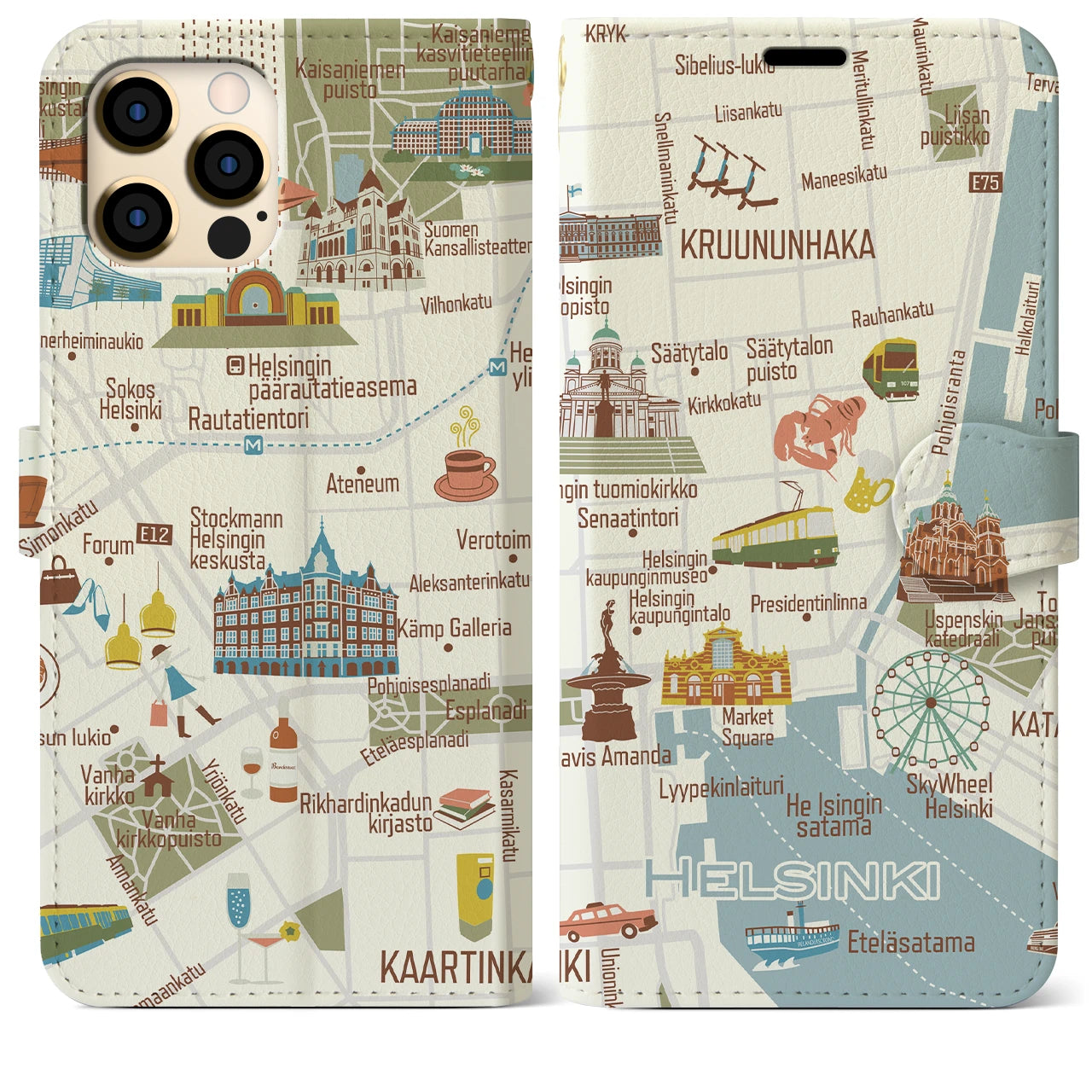 【ヘルシンキ（イラスト）】地図柄iPhoneケース（手帳両面タイプ・ブライト）iPhone 12 Pro Max 用