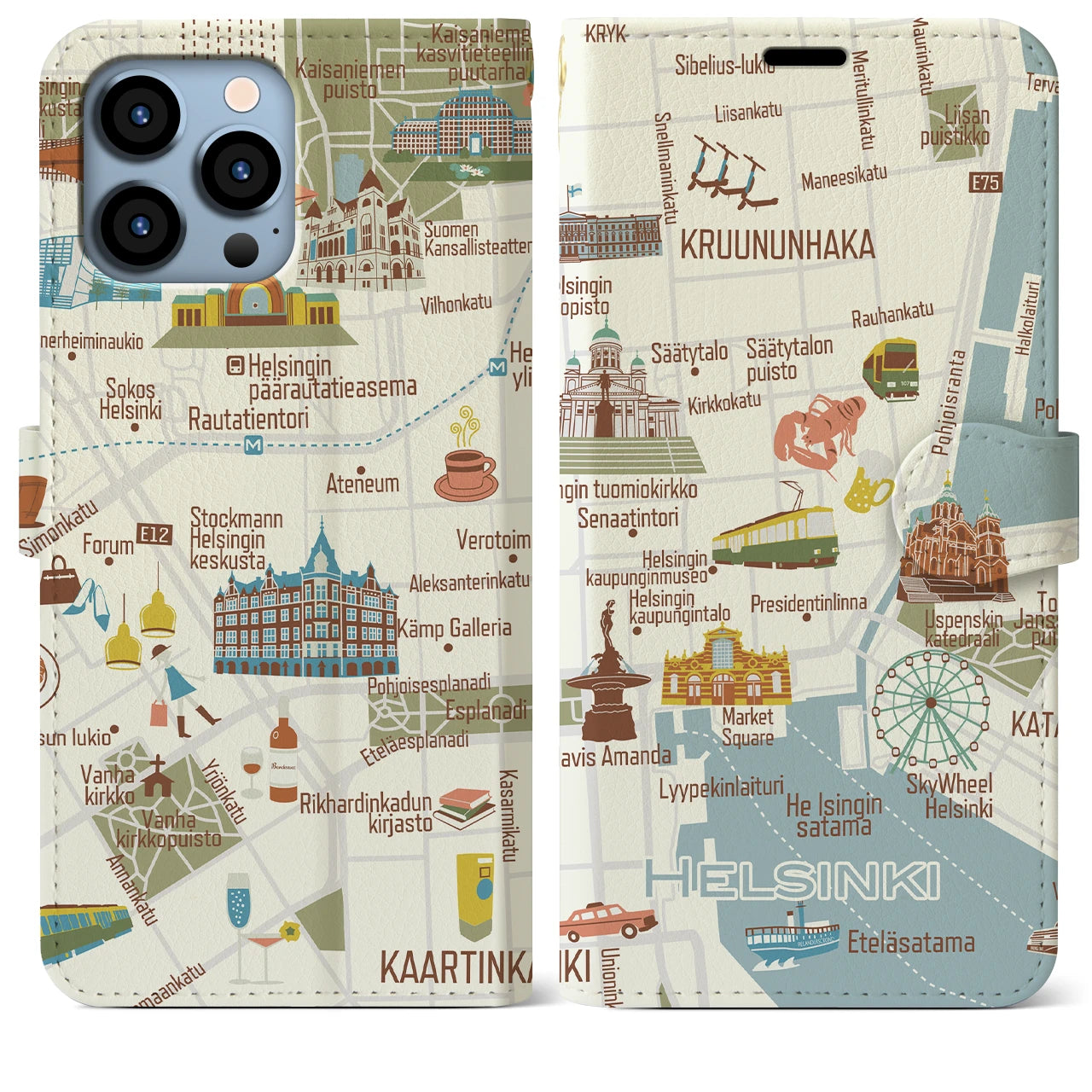 【ヘルシンキ（イラスト）】地図柄iPhoneケース（手帳両面タイプ・ブライト）iPhone 13 Pro Max 用