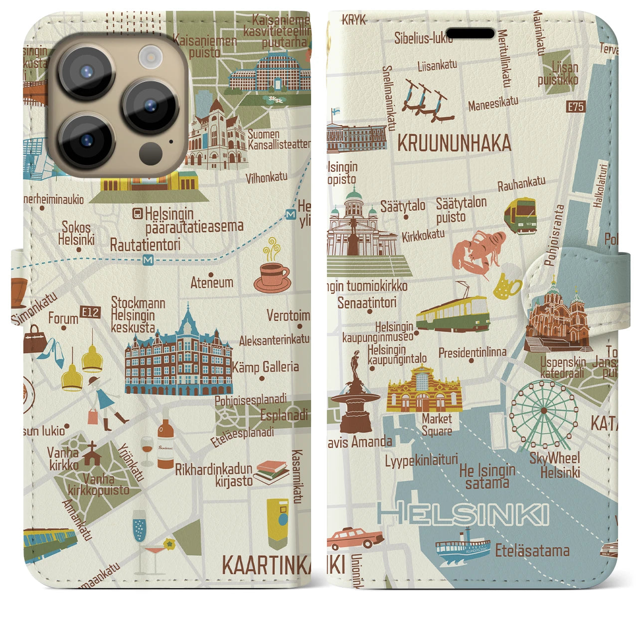 【ヘルシンキ（イラスト）】地図柄iPhoneケース（手帳両面タイプ・ブライト）iPhone 14 Pro Max 用