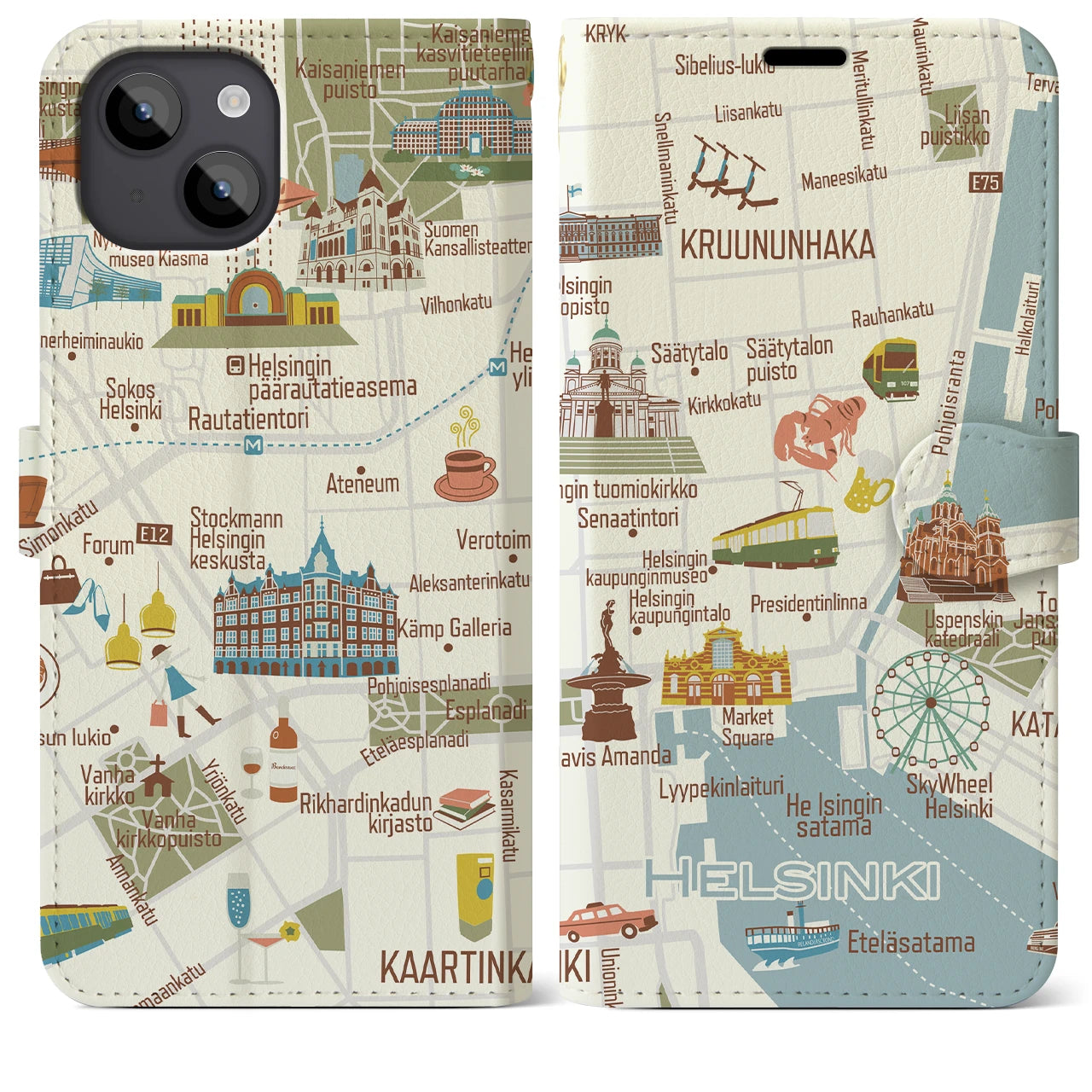 【ヘルシンキ（イラスト）】地図柄iPhoneケース（手帳両面タイプ・ブライト）iPhone 14 Plus 用