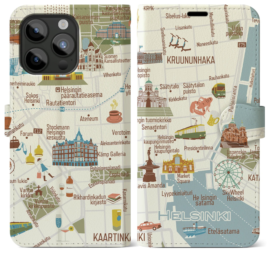 【ヘルシンキ（イラスト）】地図柄iPhoneケース（手帳両面タイプ・ブライト）iPhone 15 Pro Max 用