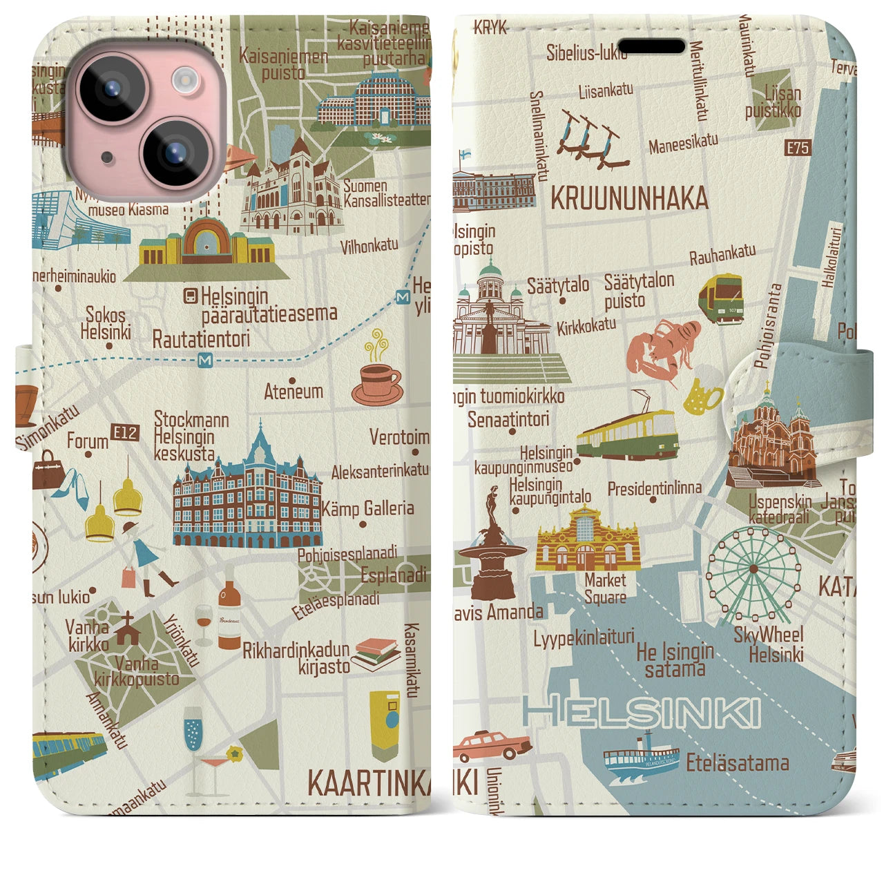 【ヘルシンキ（イラスト）】地図柄iPhoneケース（手帳両面タイプ・ブライト）iPhone 15 Plus 用