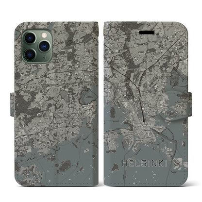 【ヘルシンキ（フィンランド）】地図柄iPhoneケース（手帳タイプ）モノトーン・iPhone 11 Pro 用