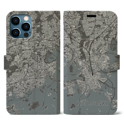 【ヘルシンキ（フィンランド）】地図柄iPhoneケース（手帳タイプ）モノトーン・iPhone 12 / 12 Pro 用