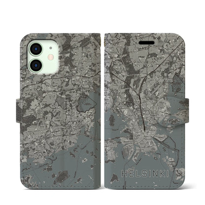【ヘルシンキ（フィンランド）】地図柄iPhoneケース（手帳タイプ）モノトーン・iPhone 12 mini 用