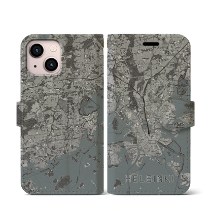 【ヘルシンキ（フィンランド）】地図柄iPhoneケース（手帳タイプ）モノトーン・iPhone 13 mini 用