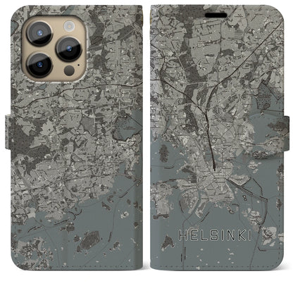 【ヘルシンキ（フィンランド）】地図柄iPhoneケース（手帳タイプ）モノトーン・iPhone 14 Pro Max 用