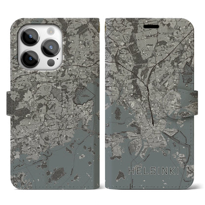 【ヘルシンキ（フィンランド）】地図柄iPhoneケース（手帳タイプ）モノトーン・iPhone 14 Pro 用