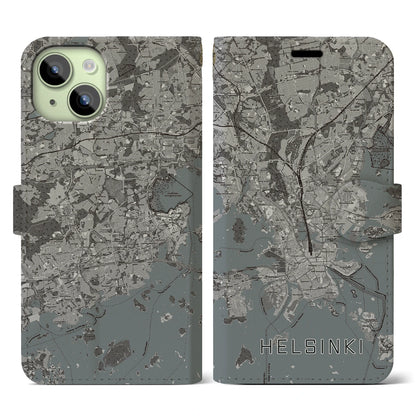 【ヘルシンキ（フィンランド）】地図柄iPhoneケース（手帳タイプ）モノトーン・iPhone 15 用
