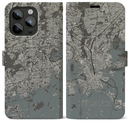 【ヘルシンキ（フィンランド）】地図柄iPhoneケース（手帳タイプ）モノトーン・iPhone 15 Pro Max 用