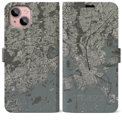 【ヘルシンキ（フィンランド）】地図柄iPhoneケース（手帳タイプ）モノトーン・iPhone 15 Plus 用