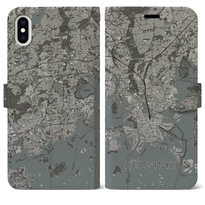 【ヘルシンキ（フィンランド）】地図柄iPhoneケース（手帳タイプ）モノトーン・iPhone XS Max 用