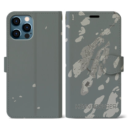 【ヘニングスヴァール（ノルウェー）】地図柄iPhoneケース（手帳タイプ）モノトーン・iPhone 12 / 12 Pro 用