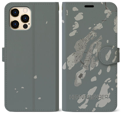 【ヘニングスヴァール（ノルウェー）】地図柄iPhoneケース（手帳タイプ）モノトーン・iPhone 12 Pro Max 用