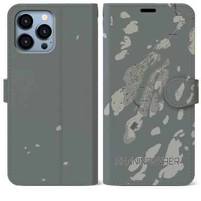 【ヘニングスヴァール（ノルウェー）】地図柄iPhoneケース（手帳タイプ）モノトーン・iPhone 13 Pro Max 用