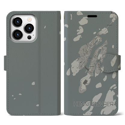 【ヘニングスヴァール（ノルウェー）】地図柄iPhoneケース（手帳タイプ）モノトーン・iPhone 13 Pro 用