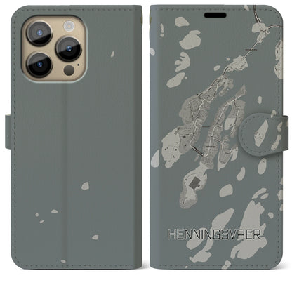 【ヘニングスヴァール（ノルウェー）】地図柄iPhoneケース（手帳タイプ）モノトーン・iPhone 14 Pro Max 用